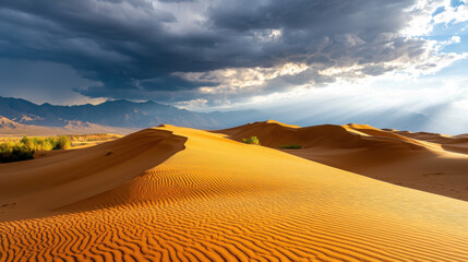 Stunning view of desert dunes under dramatic stormy sky, showcasing nature beauty and tranquility