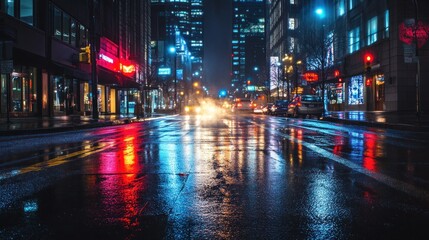 Rainy Night Cityscape: Neon Lights Reflecting on Wet Streets