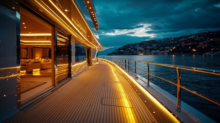 Fototapeta premium Luxury Yacht at Twilight with Stunning Waterfront Views and Ambient Lights