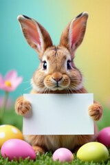 Obraz premium Easter bunny with blank sign, vibrant eggs backdrop, image, design