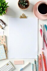Organized desk setup with various writing tools & paper on white backdrop, desk, ruler