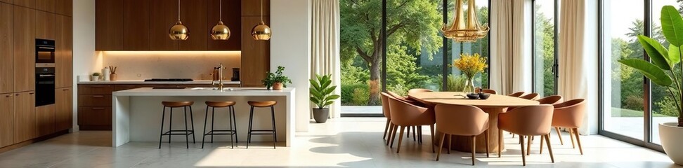 Obraz premium Spacious luxury kitchen and dining room, classic style , bar, dining room, modern interior