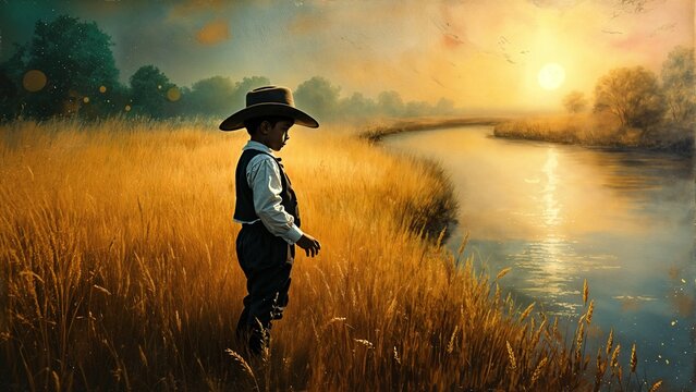 Boy in arable field beside river
