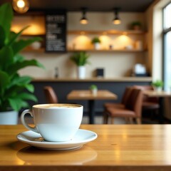 Fototapeta premium Clean, empty coffee table; blurred cafe backdrop , product placement, simple, empty