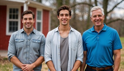 happy father’s day celebration with three generations of men smiling outdoors, father and sons bonding moment in family gathering near countryside house