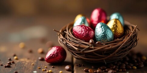 Obraz premium Nest of foil-wrapped chocolate eggs, brown background, easter, easter eggs
