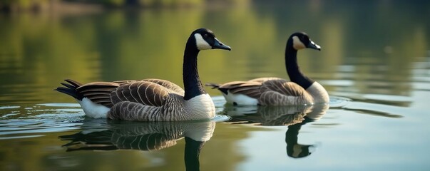 Obraz premium Pair of Canada geese afloat, drinking water, ripples spreading, beauty, wings