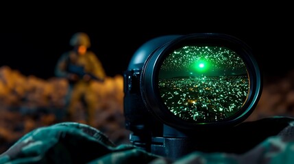 Nighttime military scene showcasing a soldier with a night vision scope observing a vibrant city