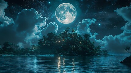 Naklejka premium Serene Island Night Scene Full Moon Tropical Ocean
