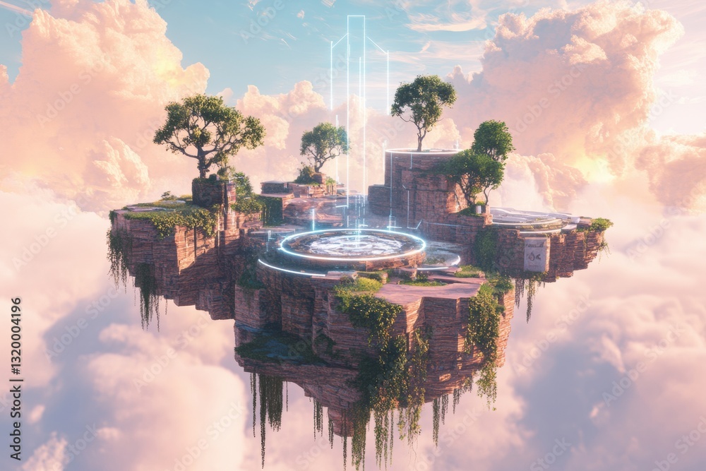 Poster floating islands connected by glowing portals offer gateways to diverse virtual worlds in a stunning