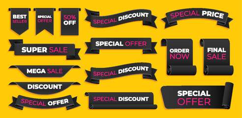 Black tag collection featuring sale and new labels. Includes red scrolls, banners, discount ribbons, shopping tags, and promotional icons.