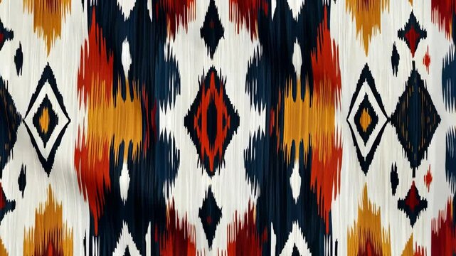Colorful textile pattern featuring vibrant geometric shapes and a mix of warm tones
