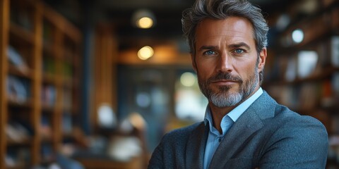 Fototapeta premium A distinguished middle-aged man with salt-and-pepper hair and a well-groomed beard stands confidently in a warmly lit, modern library, exuding a sense of wisdom and sophistication.