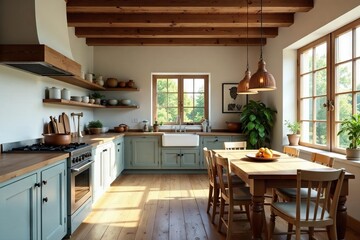Rustic farmhouse kitchen and adjacent dining area, cottage, area