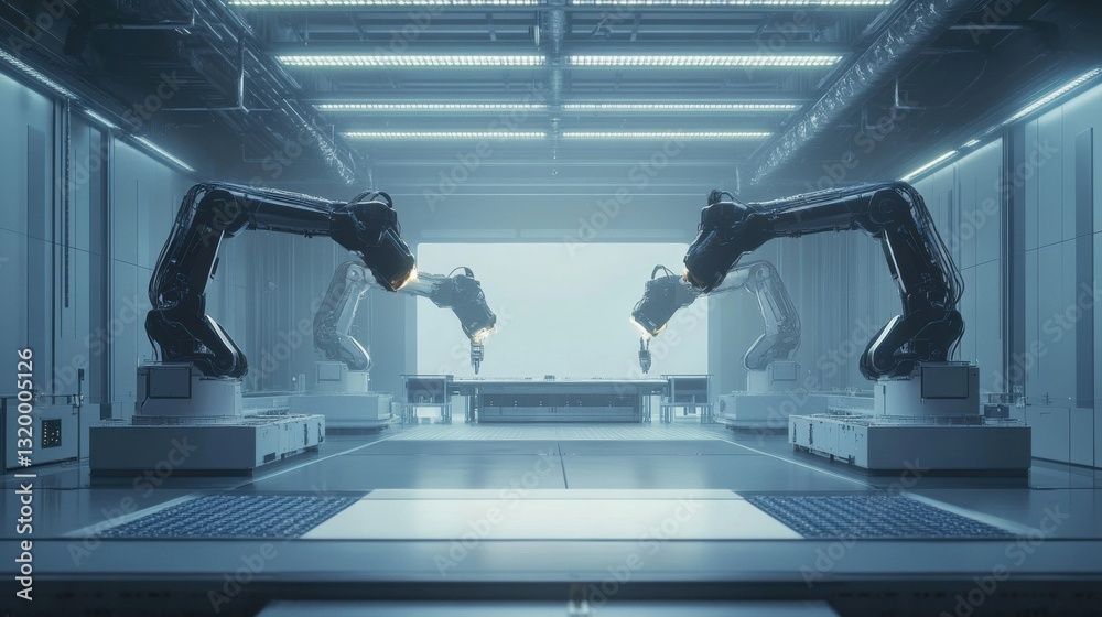 Poster automated factory showcasing robotic machines and ai driven production control in a modern industria