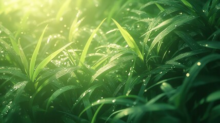 Fototapeta premium Close up shot of healthy, thick green grass blades covered in morning dew, reflecting sunlight, giving a fresh and well maintained look.