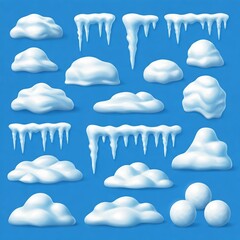 3D Snow Caps, Icicles, Snowdrifts, and Snowballs Collection on Blue Background – Winter-Themed Vector Elements