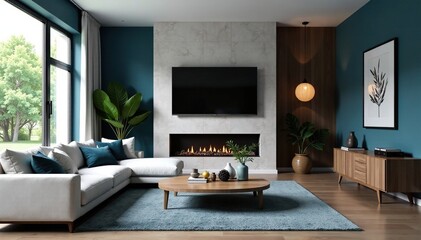Gray blue living room, wood stone accents, elegant cozy design, stone, luxury, modern