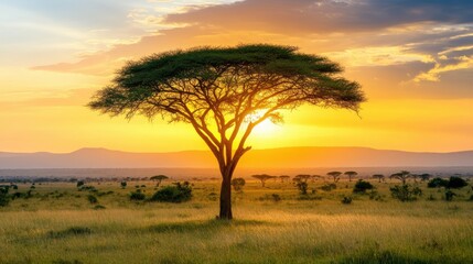 Obraz premium Majestic Acacia Tree Against Sunset Landscape in African Savanna with Vibrant Sky and Natural Serenity
