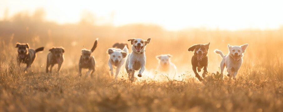 A pack of happy dogs running across a grassy field together - Powered by Adobe