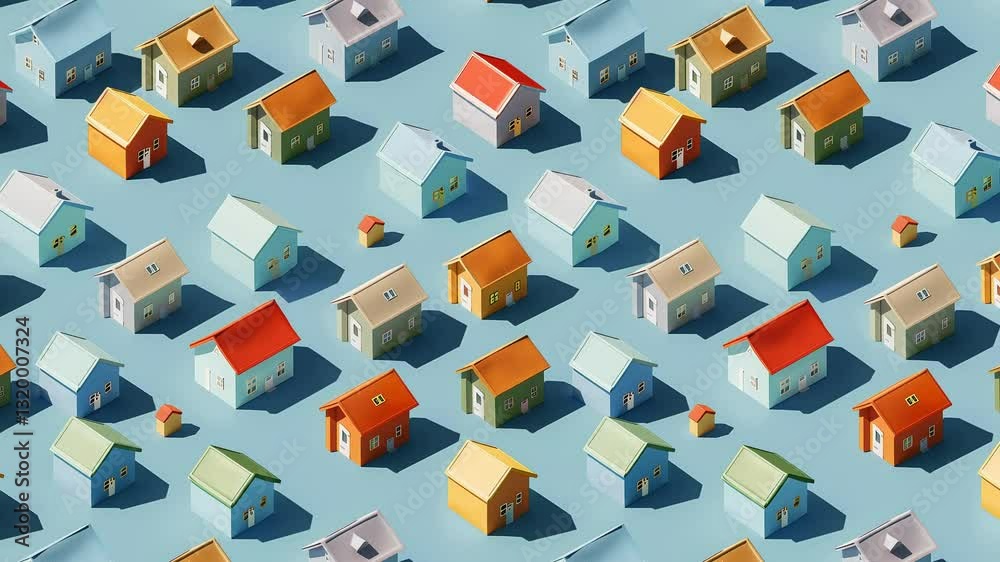 Poster seamless looping pattern of small colorful houses moving in sync.