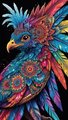 Vibrant bird adorned with intricate mandala patterns on their feathers