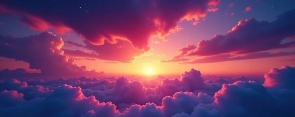 Fototapeta premium Sunset hues paint a twilight sky, stars emerging through clouds , heavens, horizon, nature