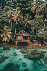 A small wooden bungalow on stilts surrounded by lush tropical forest. It overlooks crystal-clear water, exuding tranquility and seclusion, providing an ideal retreat nestled harmoniously in nature's