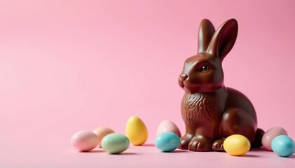Chocolate bunny, candy eggs, pastel background, sweetness, chocolate bunny, decoration