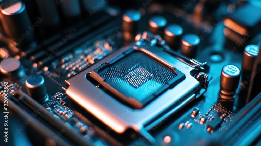 Poster close-up of cpu socket on motherboard: high-tech computer hardware