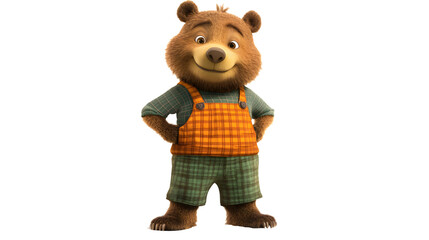 Animated Bear Character: A charming cartoon bear, brimming with personality, strikes a pose in cheerful attire, ready for adventure.