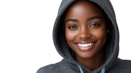 Portrait of a smiling african american model wearing a hoodie, posing in casual clothes, isolated on transparent background.