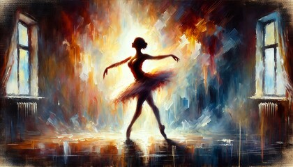 Elegant ballerina dancing in dramatic light, abstract oil painting
