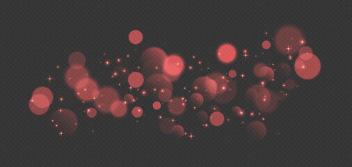 Red bokeh with stars and sparkles, shiny overlay decoration isolated on grey background. Vector illustration.
