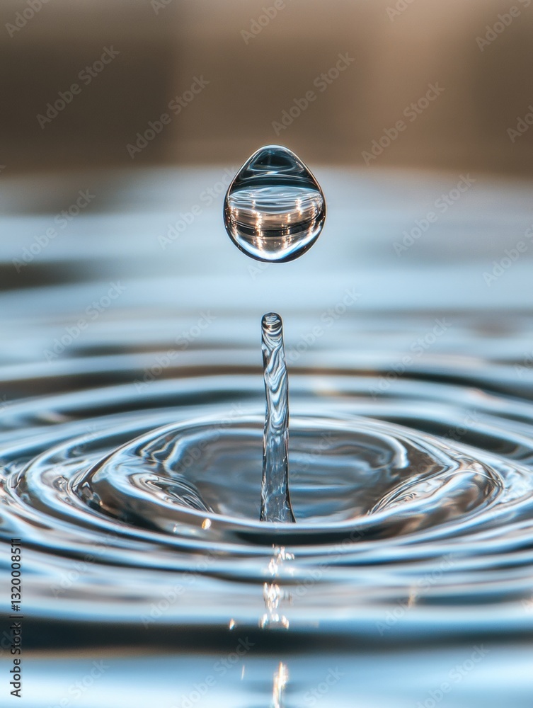 Poster macro shot of a clear water drop emerging from a filter in bright natural light showcasing soft refl