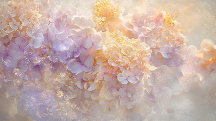 A poetic representation of hydrangea blossoms, their voluminous clusters painted in delicate pink, lilac