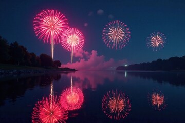 Vibrant fireworks display reflected in calm water, dark, holiday