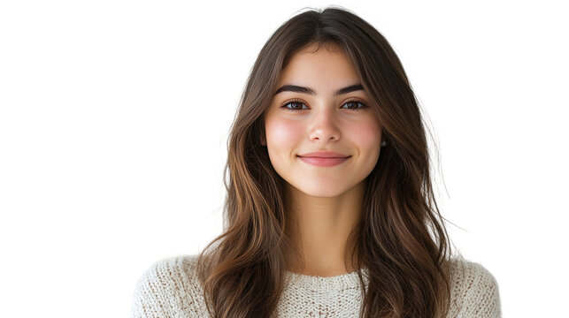 Smiling young woman with long hair, isolated on transparent background.