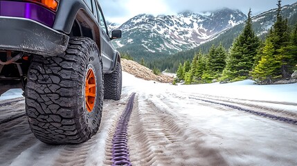 Off-road vehicle navigating snowy mountain trail with tire tracks and scenic backdrop