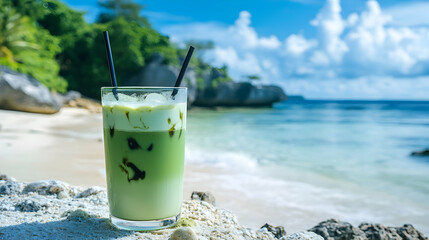 Iced matcha latte served on a tropical beach with a breathtaking ocean view