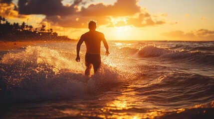 Sunset Swim: Silhouette of a Man Enjoying the Golden Hour at the Beach