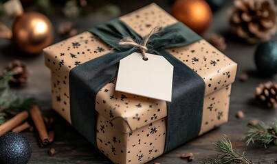 Wrapped Holiday Gift with Ribbon and Tag on Wood Table