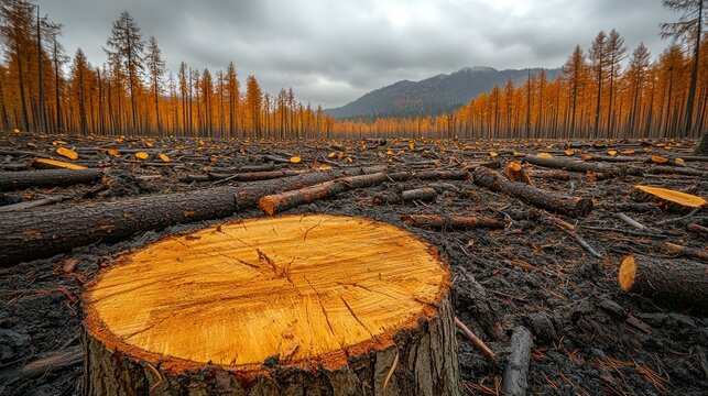 Cleared forest, cut tree stump foreground, tall bare trees, cloudy sky, mountains