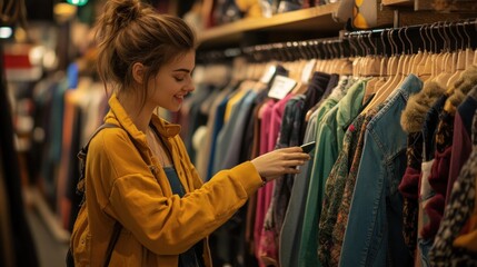 Fototapeta premium Young Woman Shopping for Vintage Clothes in a Boutique