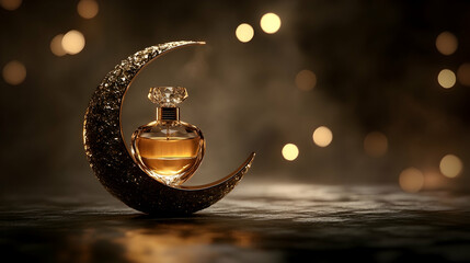 Luxurious perfume bottle resting on an elegant golden crescent moon