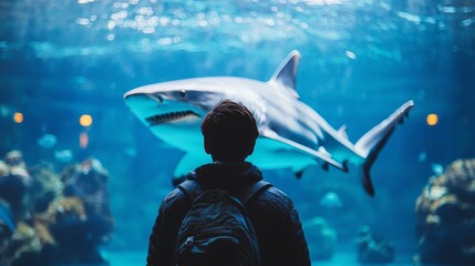 Obraz premium Person gazing at a majestic shark in a large underwater aquarium