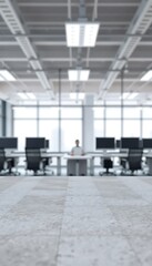 Obraz premium Concrete Table Surface Blurred Modern Office Interior Computer Desks