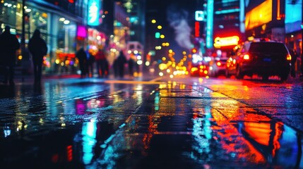 Rainy Night in the City: Vibrant Reflections on Wet Pavement