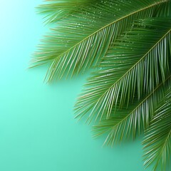 Fototapeta premium Fresh Green Palm Leaves on Teal Background for Summer Tropical Design