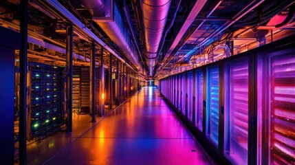 Obraz premium Illuminated Data Center Corridor: A Symphony of Servers and Lights